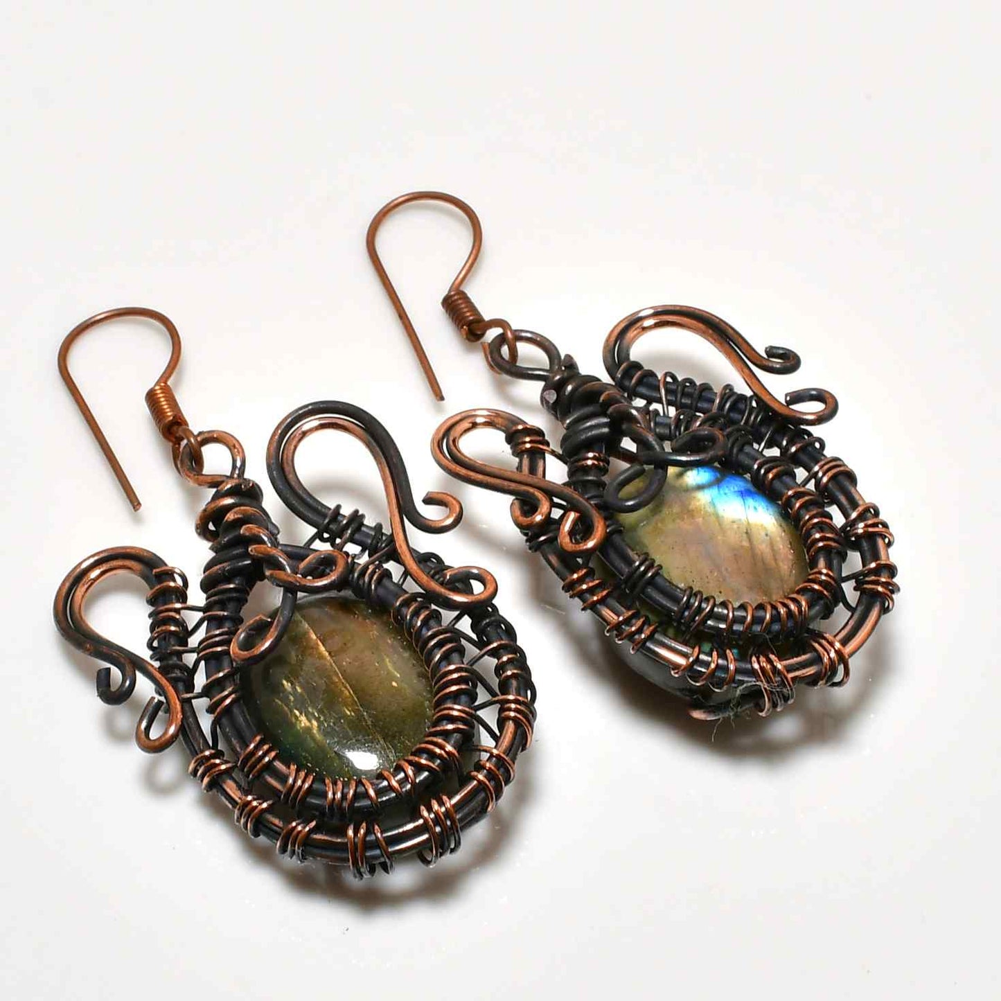 Aurora’s Shield – Labradorite Copper Earrings