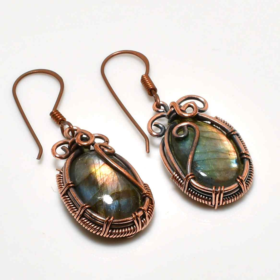 Aurora’s Shimmer – Oxidized Copper Labradorite Earrings