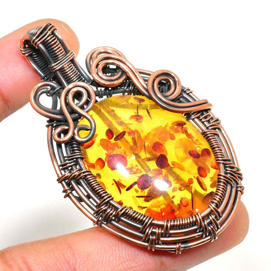 Amber Aura – Copper Wire Wrapped Pendant
