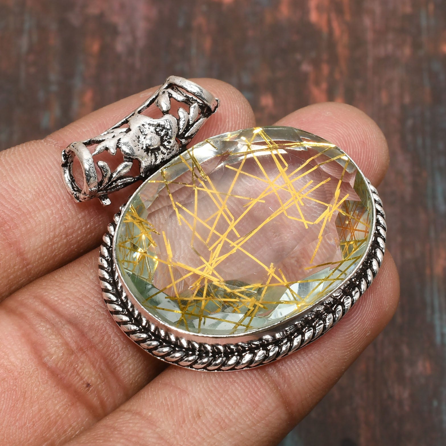 Auric Dawn – Golden Rutilated Quartz Silver Pendant