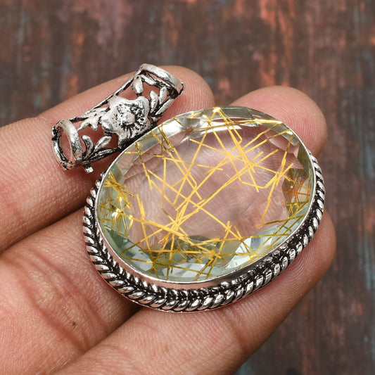 Auric Dawn – Golden Rutilated Quartz Silver Pendant