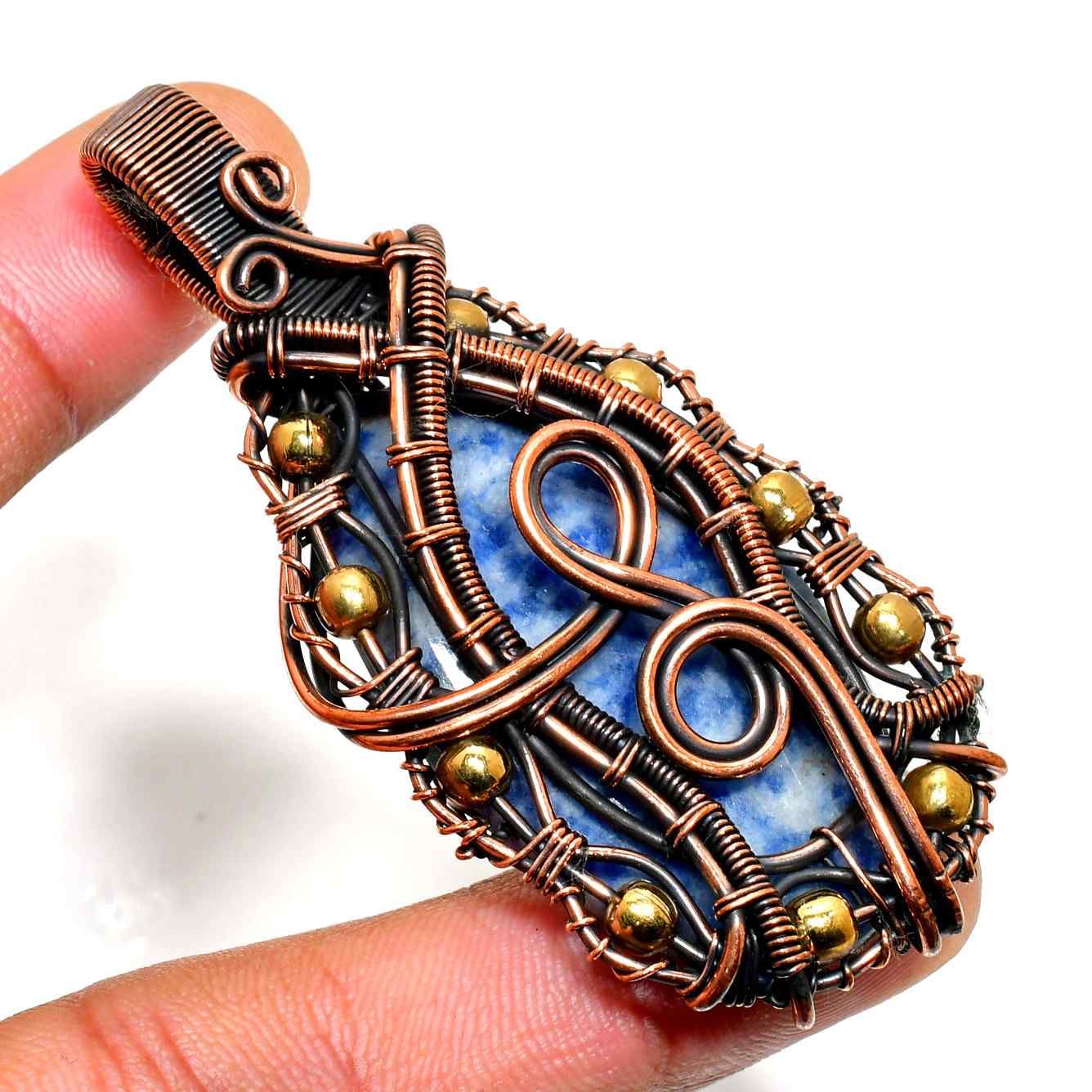Sapphire Serenity – Oxidized Copper Wire Pendant