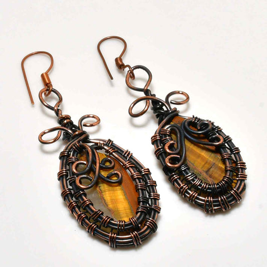 Lionheart Loop – Oxidized Copper Tiger Eye Earrings