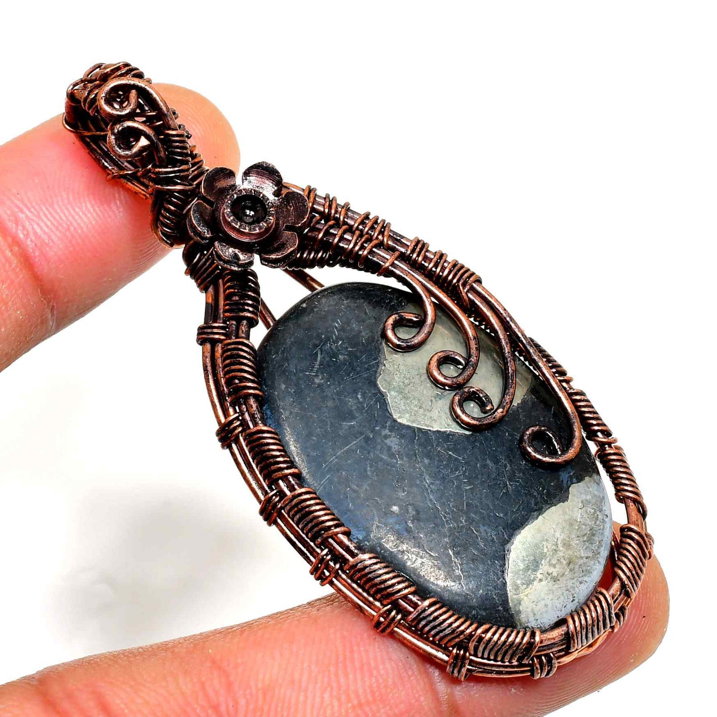Gaia’s Embrace – Oxidized Copper & Natural Stone Pendant