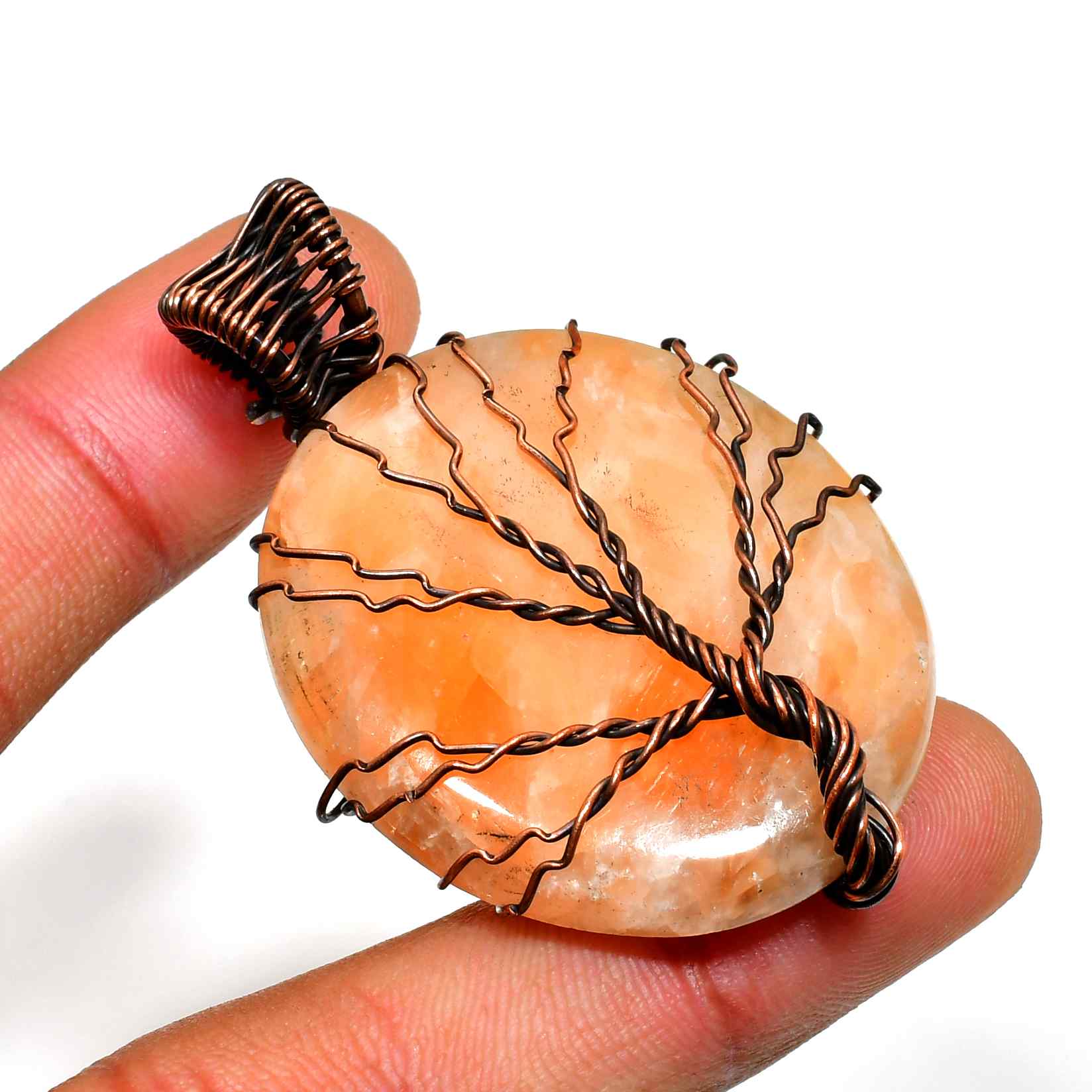 Celestial Blossom – Copper Wrapped Orange Calcite Pendant