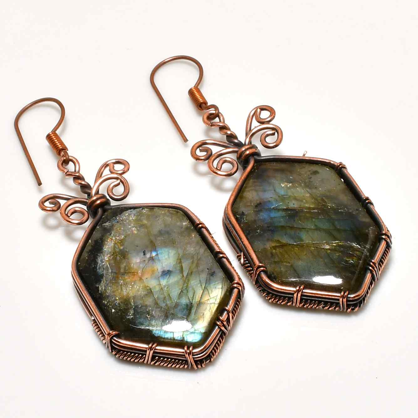Hexagon Dreams – Labradorite Copper Earrings