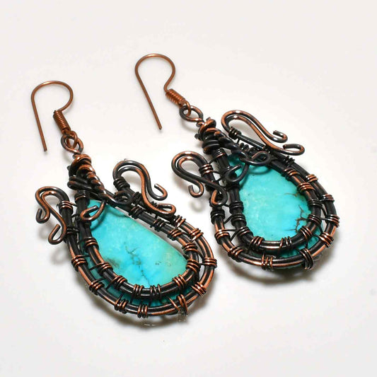 Turquoise Cascade – Oxidized Copper Wire Earrings