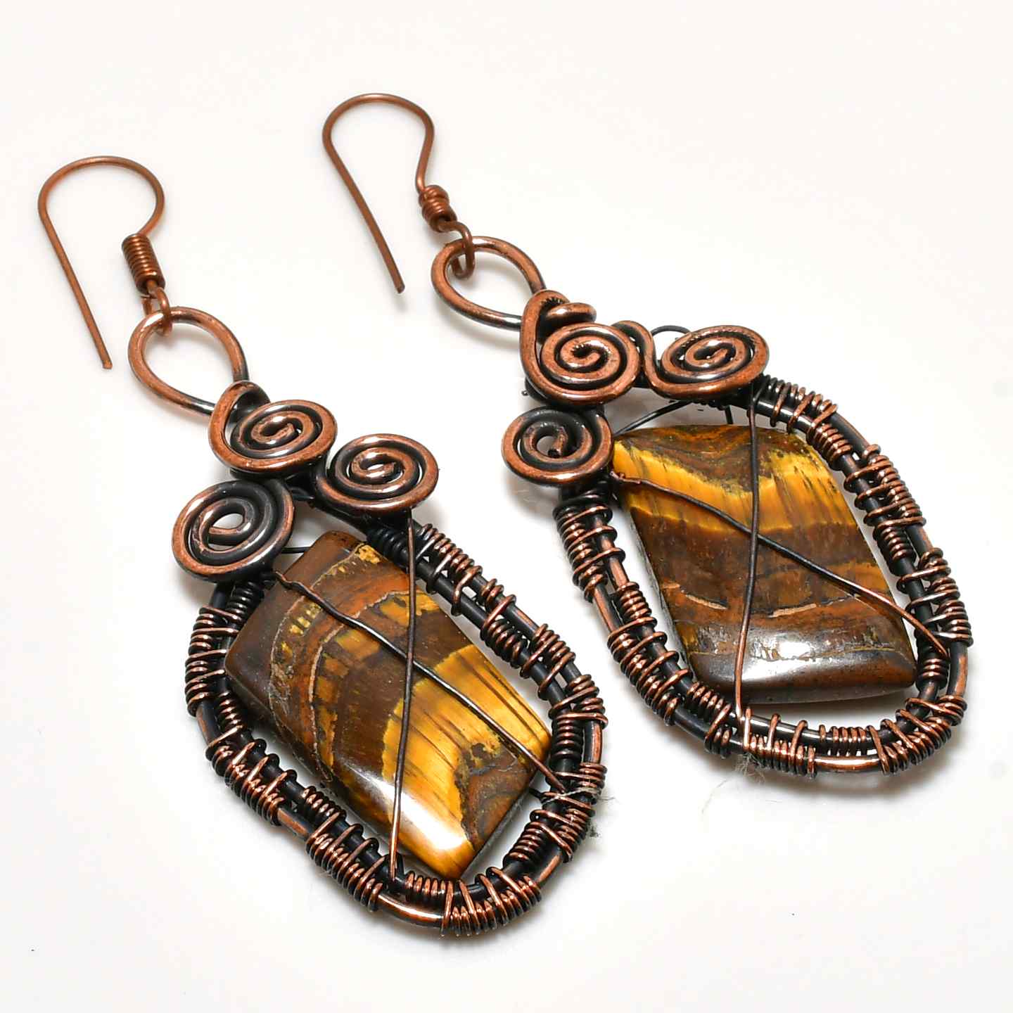 Lion’s Gaze – Oxidized Copper Tiger’s Eye Earrings