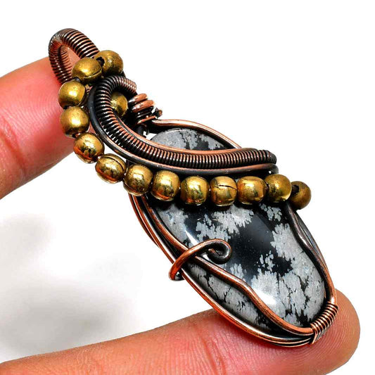 Winter’s Whisper – Snowflake Obsidian Copper Pendant