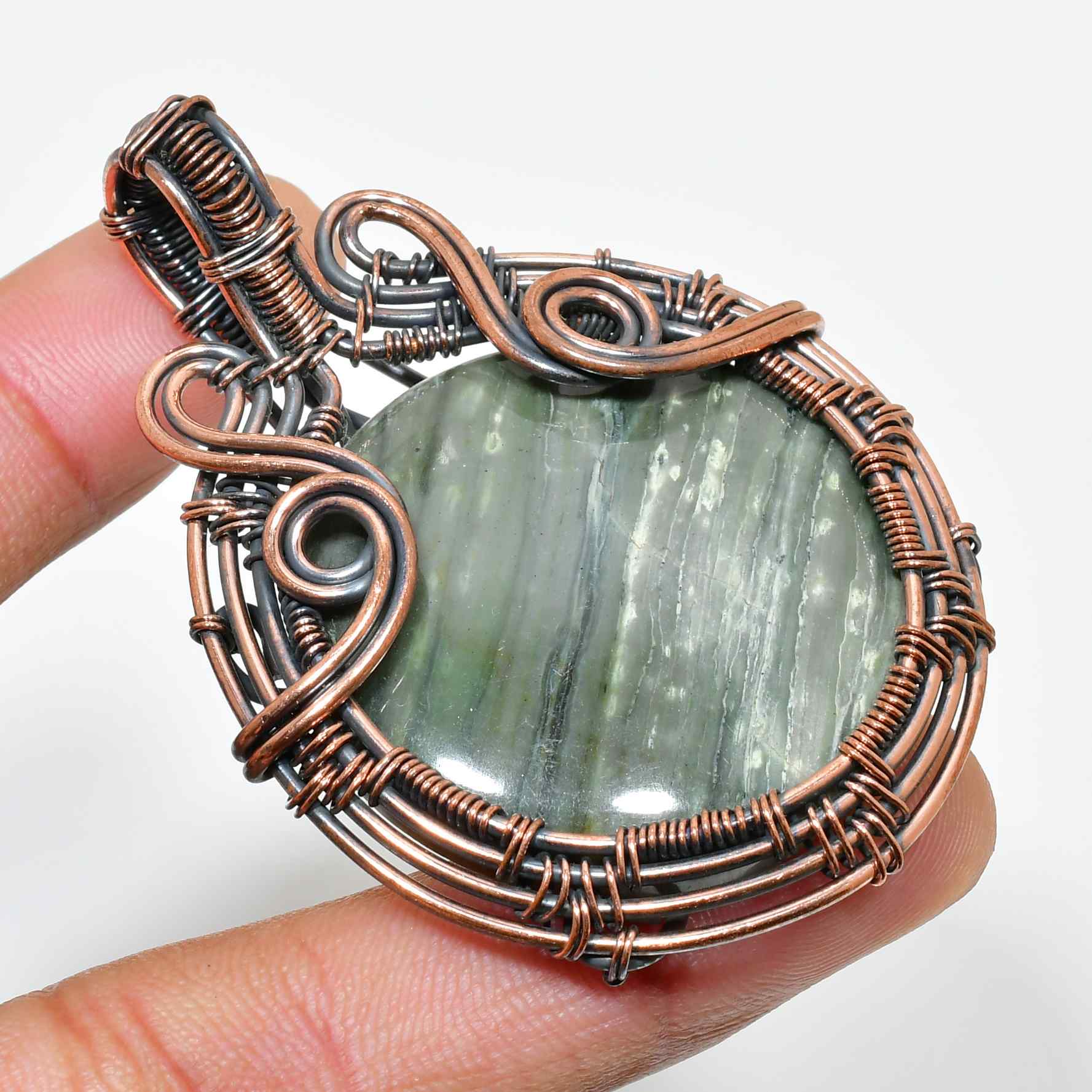 Verdant Harmony – Copper-Wrapped Greenstone Pendant