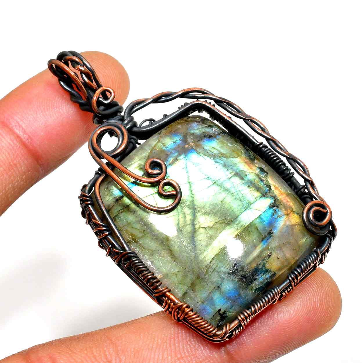 Nova’s Shimmer – Oxidized Copper Labradorite Pendant