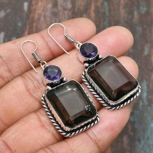 Ethereal Harmony – Smoky Quartz & Amethyst Earrings