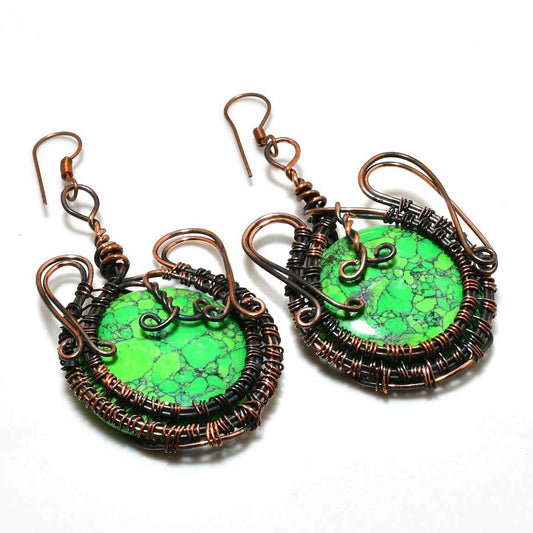 Verdant Harmony – Rustic Copper-Wrapped Green Gemstone Earrings