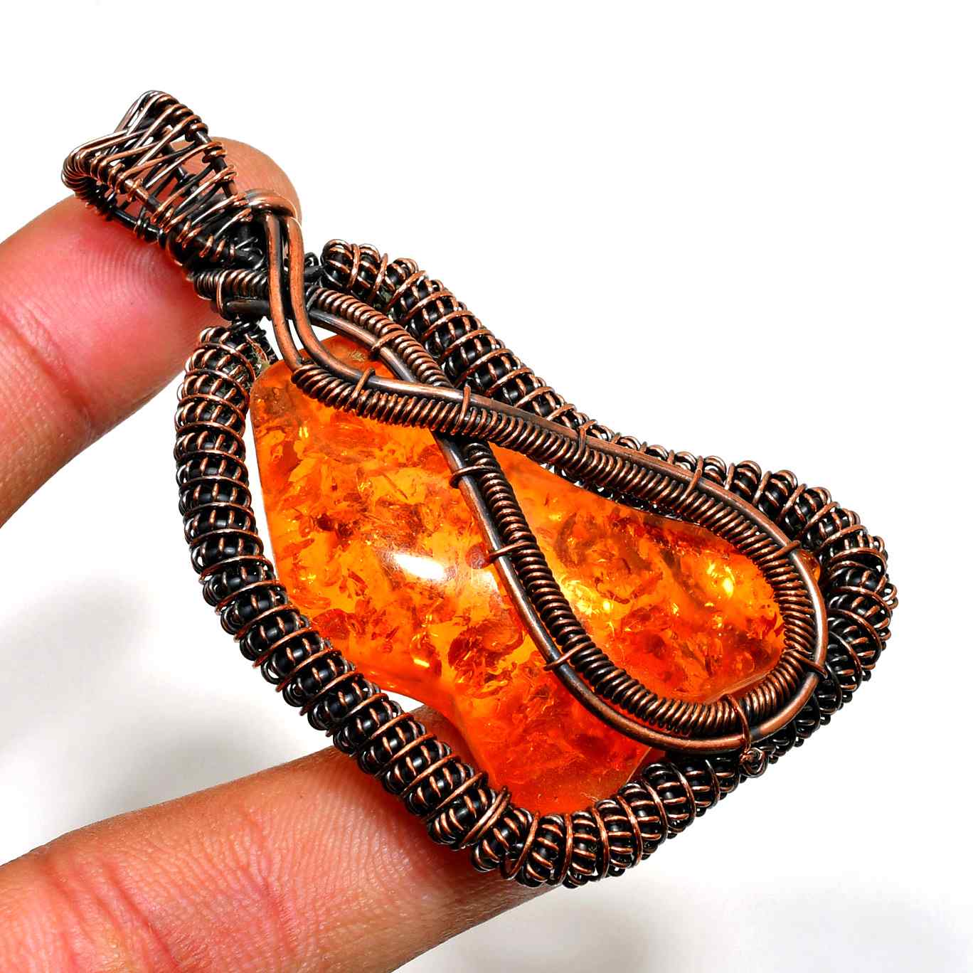 Amber’s Embrace – Oxidized Copper Amber Pendant
