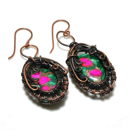 Prismatic Spiral – Copper & Multicolor Stone Earrings
