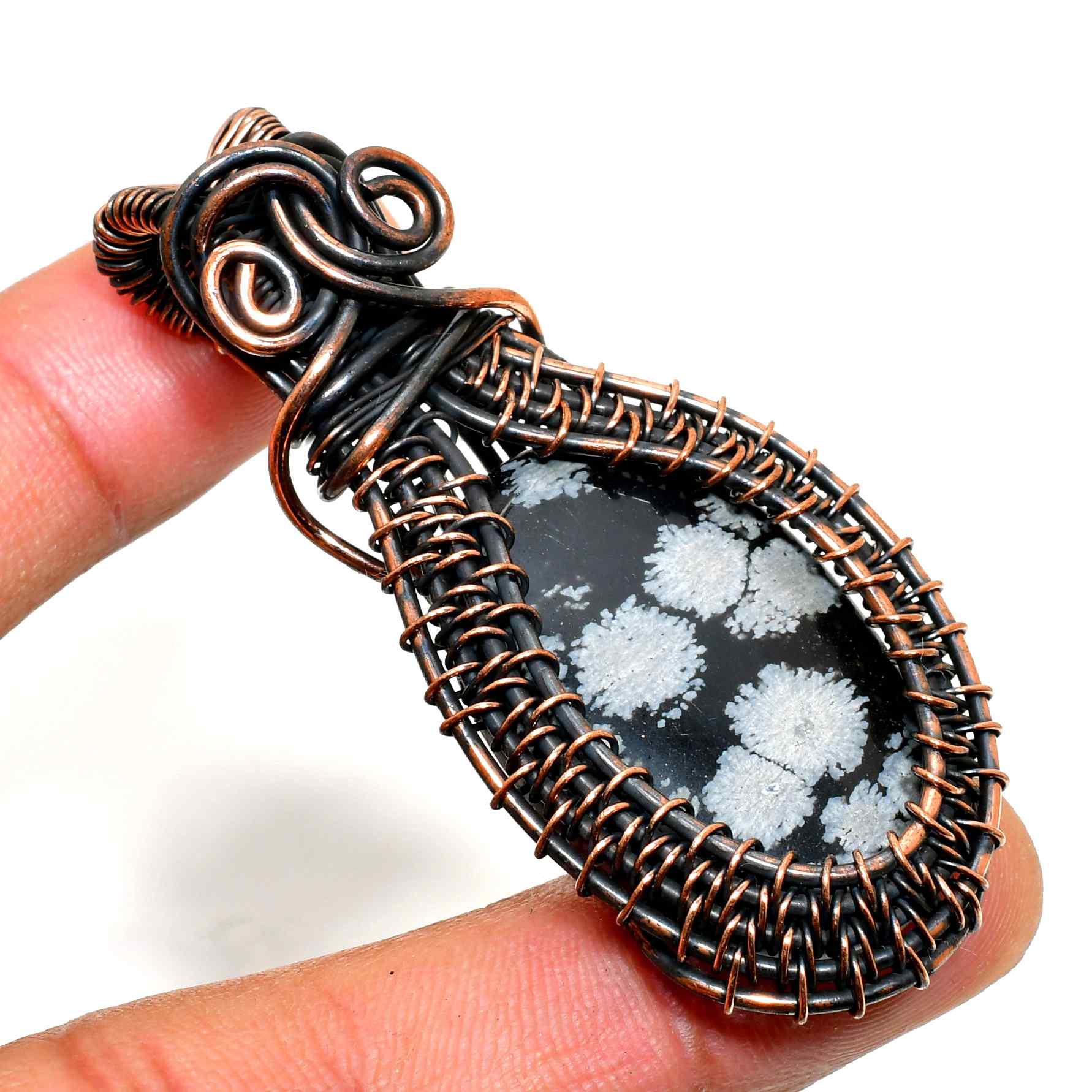 Obsidian Blossom – Snowflake Obsidian Copper Pendant