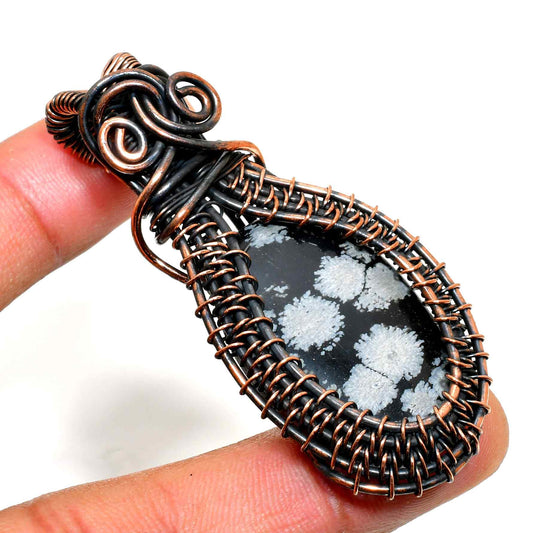 Obsidian Blossom – Snowflake Obsidian Copper Pendant
