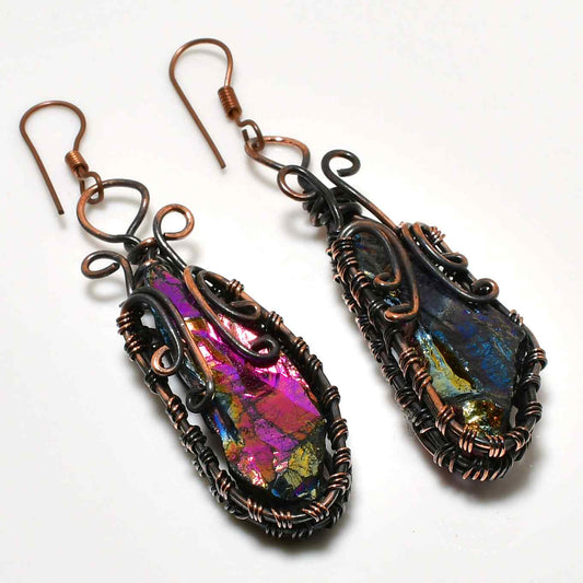 Aurora’s Embrace – Copper-Wrapped Aura Quartz Earrings
