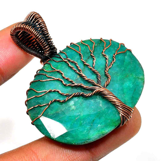 Verdant Harmony – Emerald Copper Tree Pendant