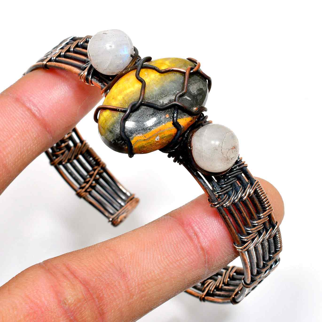 Gaia’s Embrace – Copper & Natural Stone Wire Bracelet