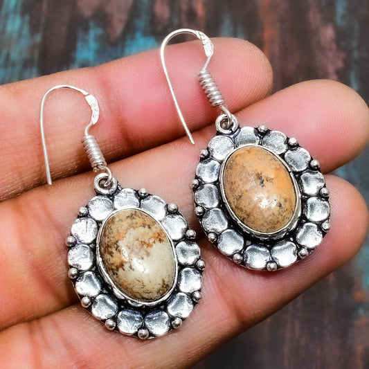 Gaia’s Embrace – Silver-Plated Stone Cabochon Earrings