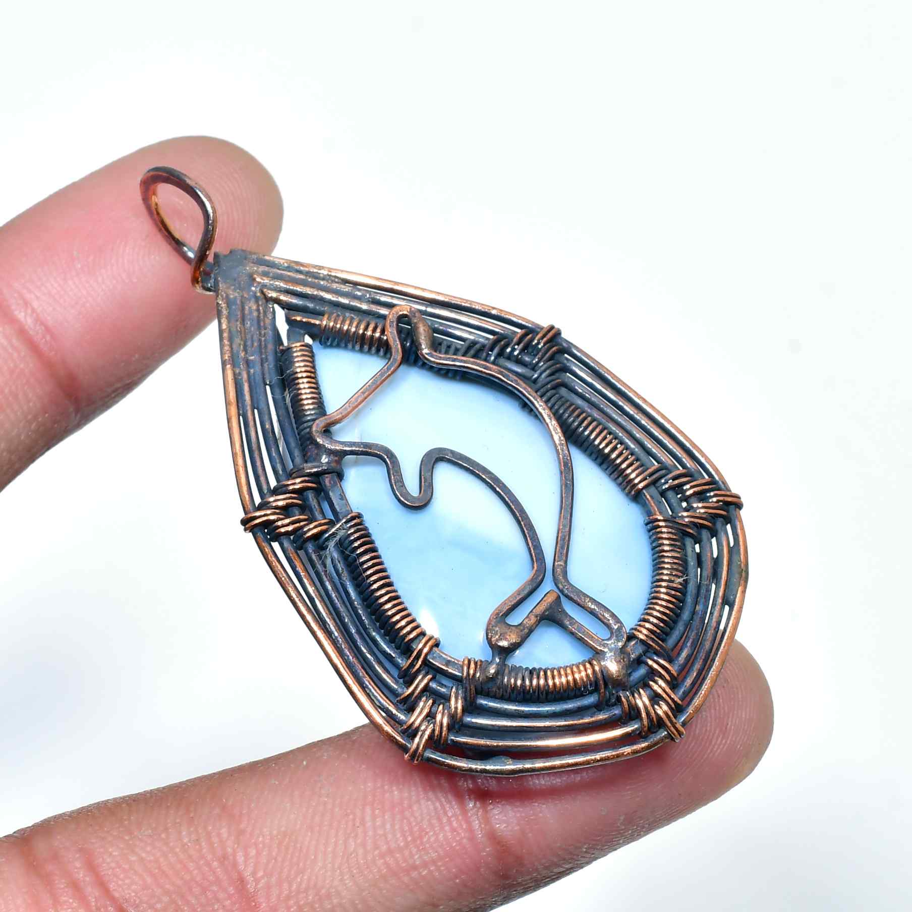 Dolphin’s Embrace – Blue Lace Agate Copper Pendant