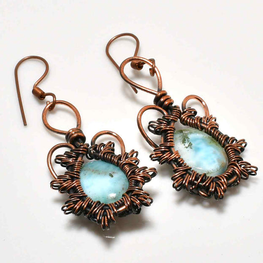 Ocean’s Whisper – Oxidized Copper Larimar Earrings