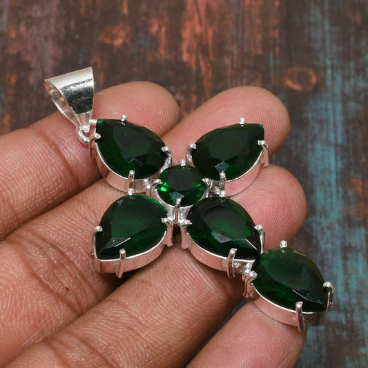 Emerald Serenity – Sterling Silver Cross Pendant