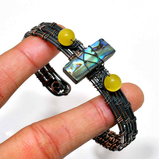 Ember’s Cross – Abalone & Yellow Jade Copper Bracelet