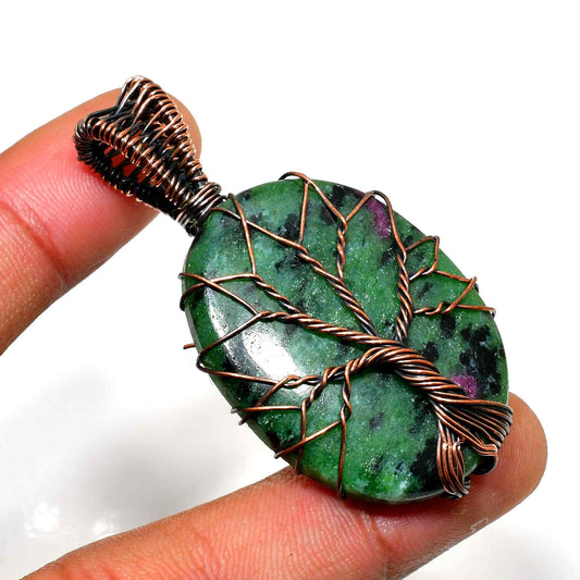Forest Whisper – Green Stone Copper Tree of Life Pendant