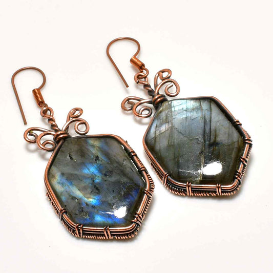 Moonlit Veil – Handcrafted Labradorite Copper Earrings