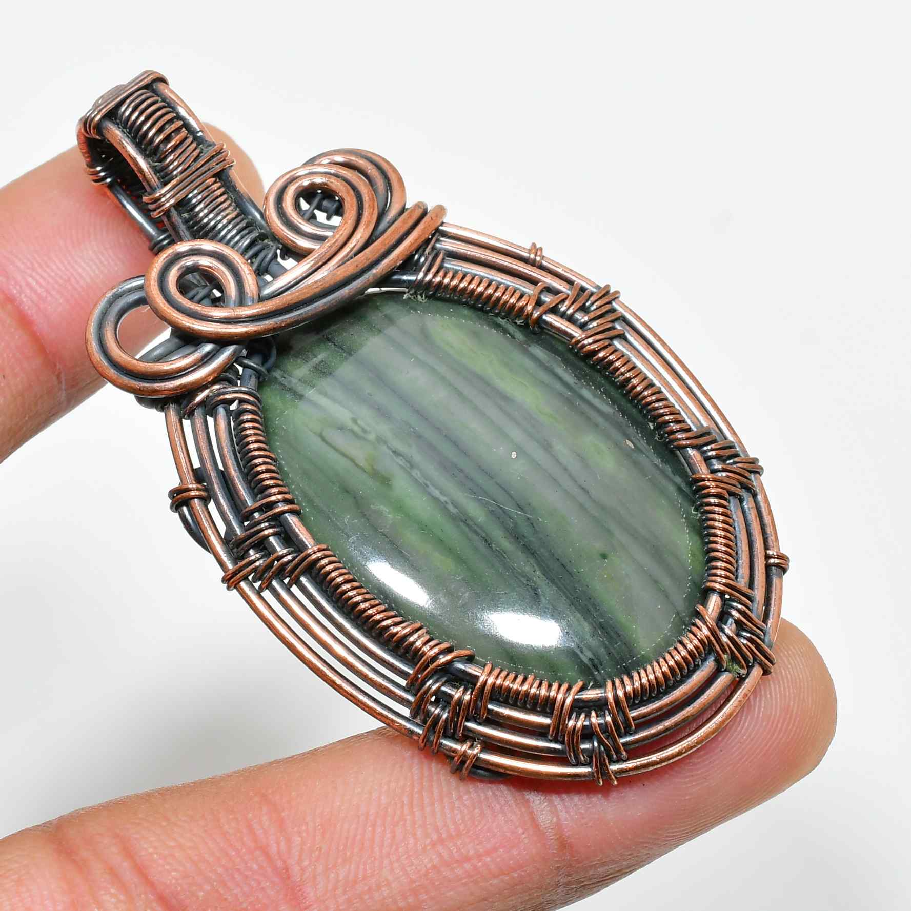 Gaia’s Balance – Green Stone & Oxidized Copper Pendant