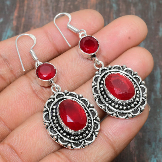 Crimson Courage – Ruby Silver Filigree Earrings