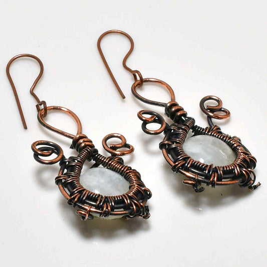 Luna’s Embrace – Oxidized Copper Moonstone Earrings