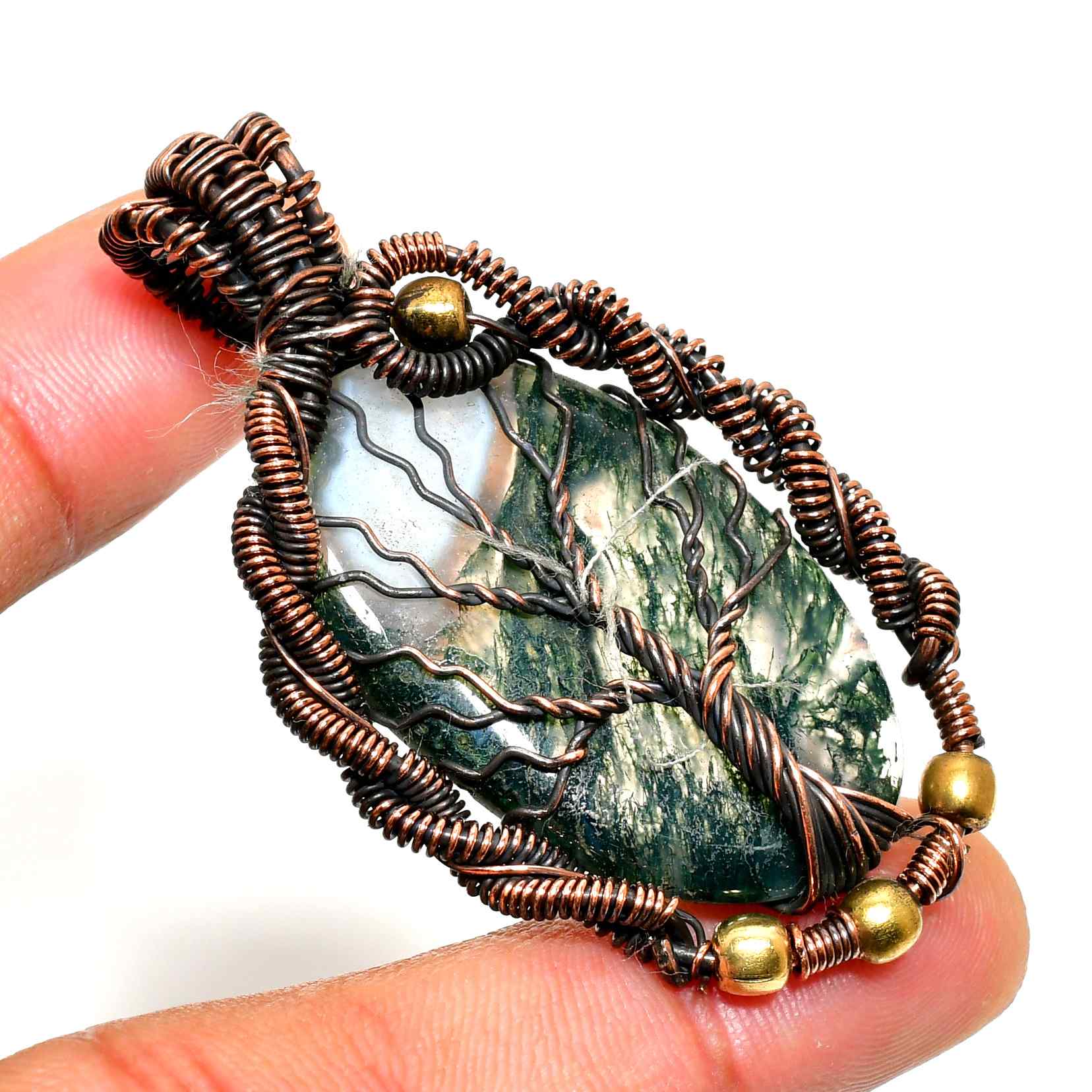 Verdant Embrace – Moss Agate Copper Pendant