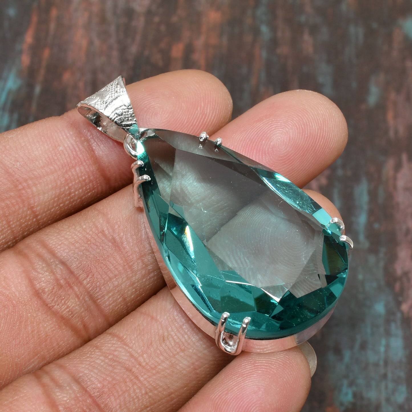 Aqua Serenity – Silver-Wrapped Blue-Green Crystal Pendant