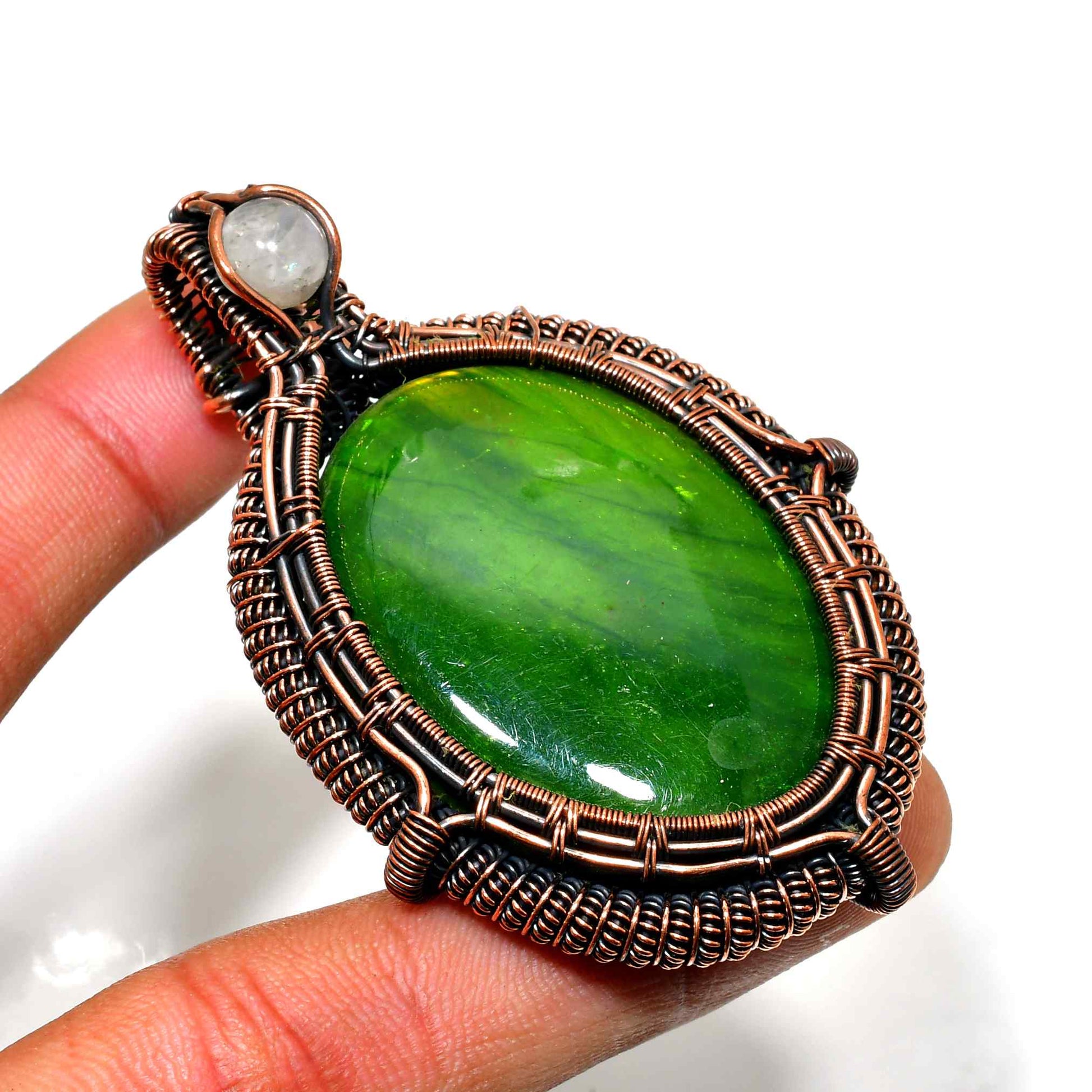 Verdant Harmony – Handwoven Green Jade & Copper Pendant