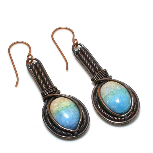 Azure Serenity – Copper-Wrapped Drusy Quartz Earrings