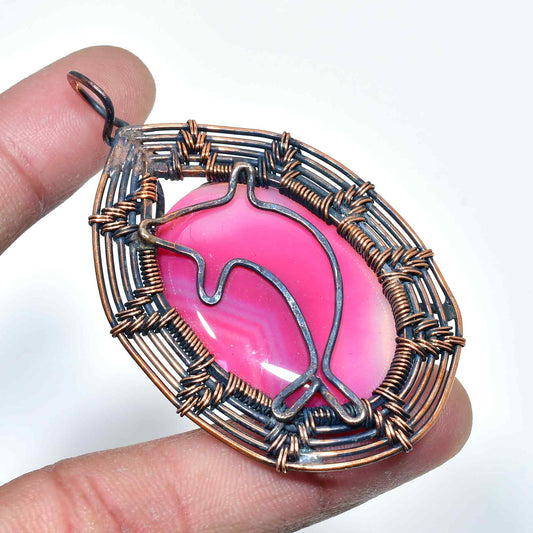 Dolphin’s Song – Pink Agate Copper Pendant