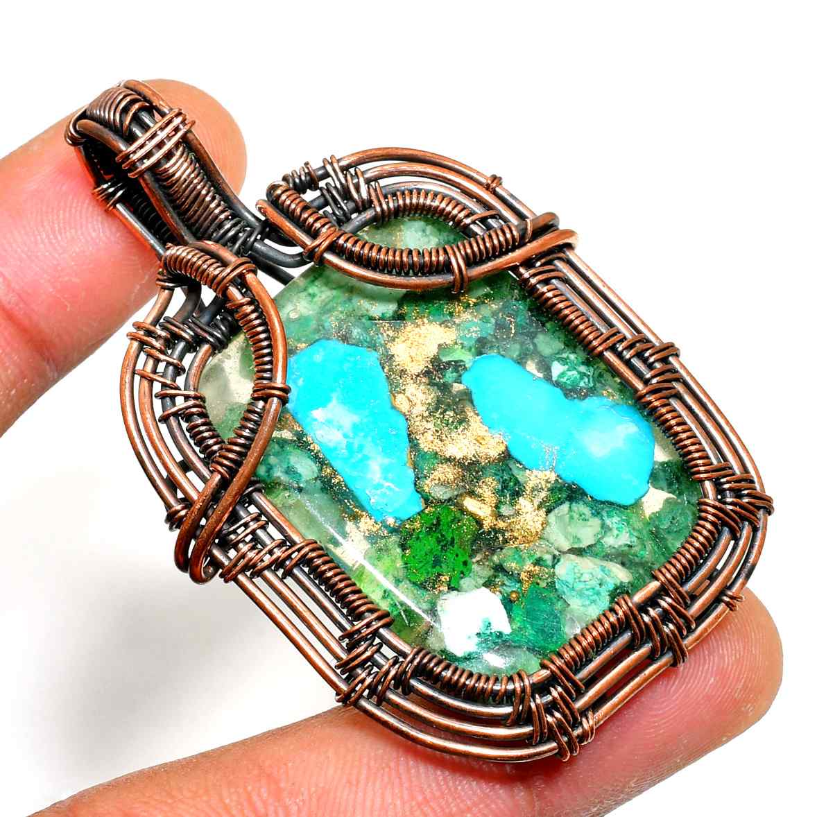 Serenity’s Embrace – Green & Blue Mineral Copper Pendant