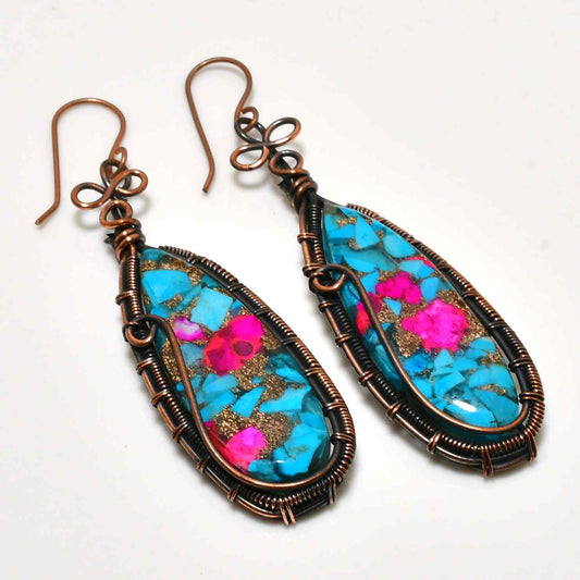 Azura Blossom – Turquoise & Coral Copper Earrings