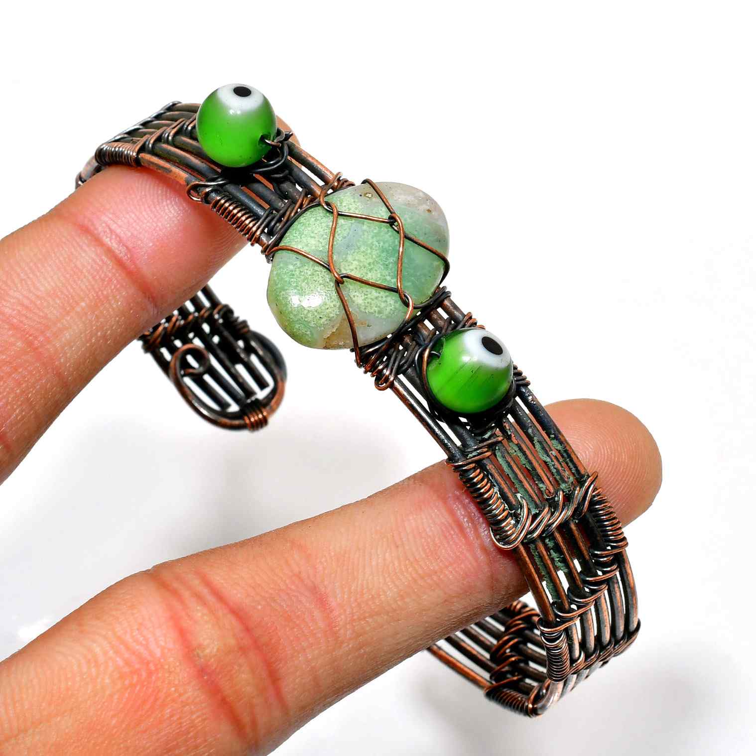Verdant Harmony – Copper Wire-Wrapped Green Stone Bracelet