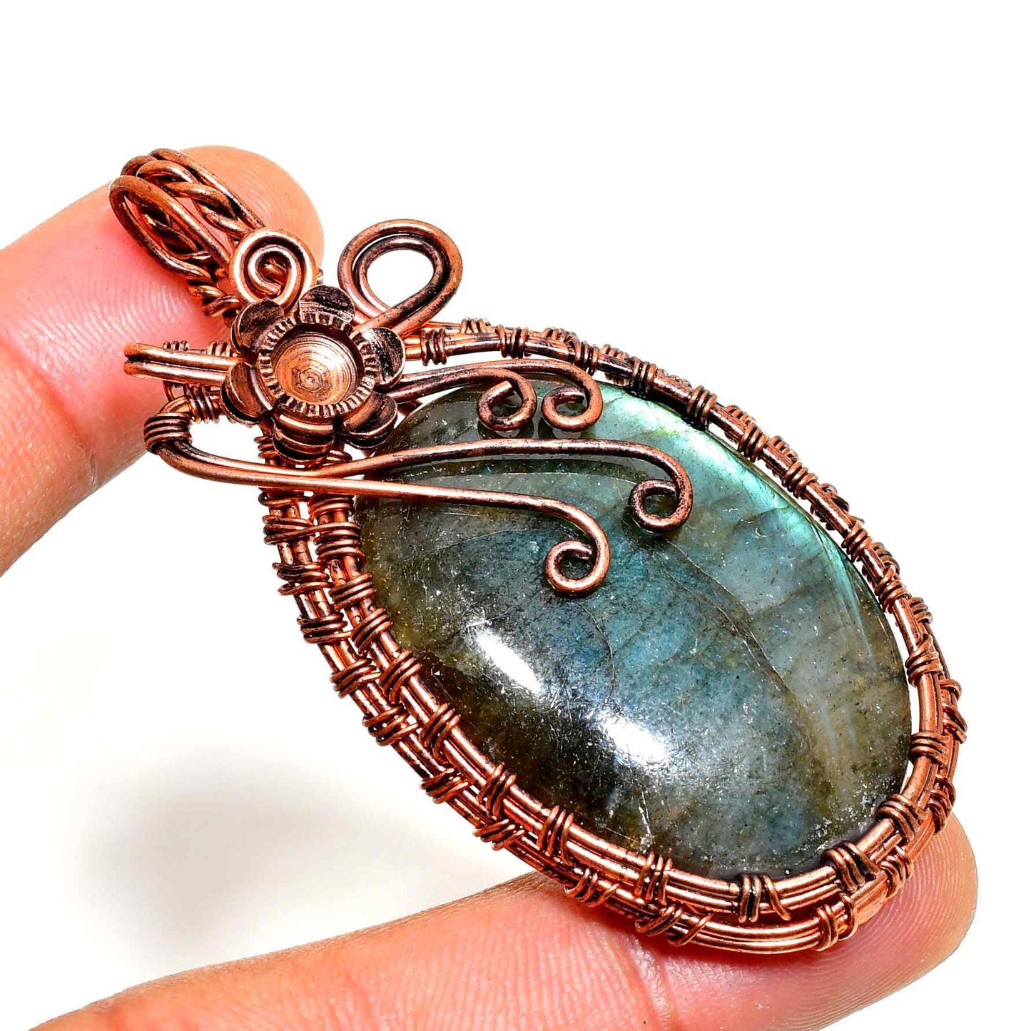 Ember’s Glow – Rose Gold Labradorite Pendant