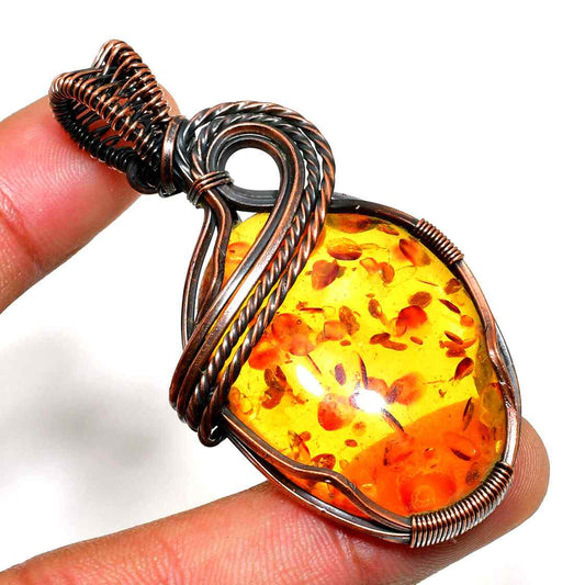 Amber Radiance – Handwrapped Copper Pendant