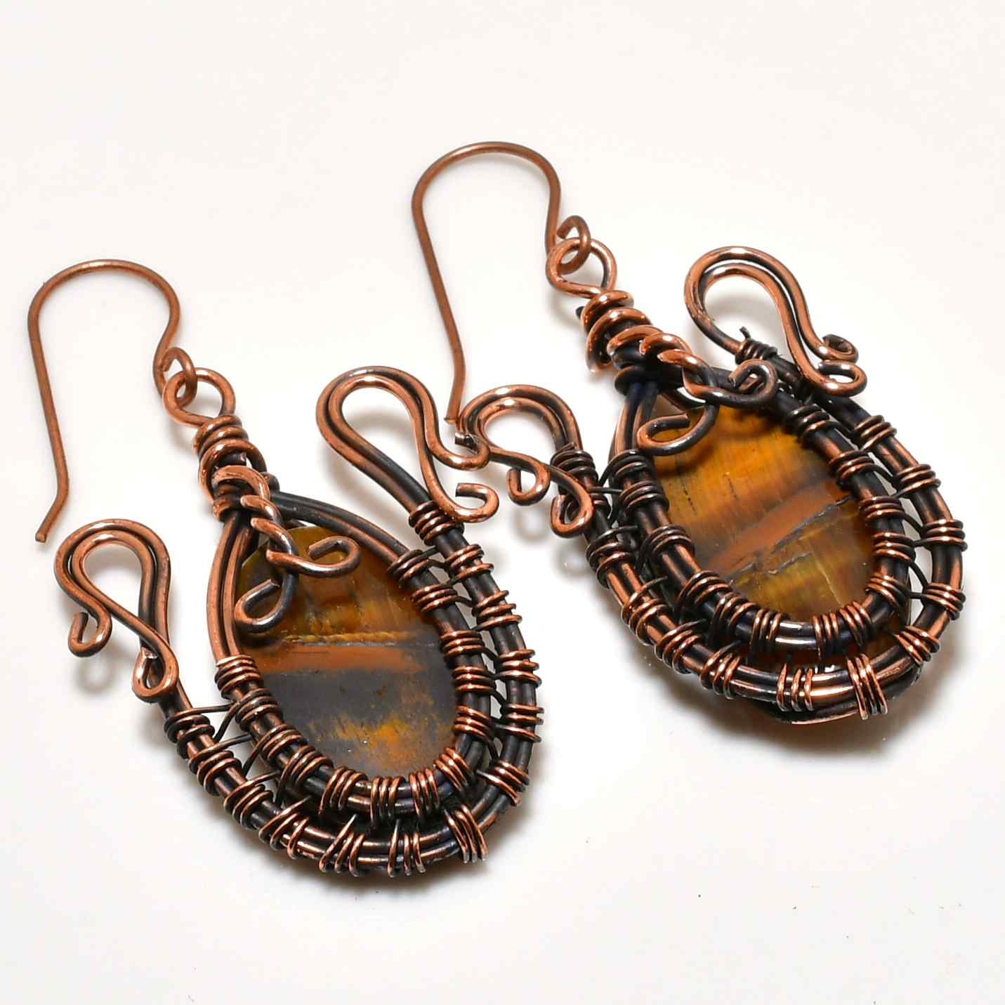 Gaia’s Shield – Oxidized Copper Tiger’s Eye Earrings