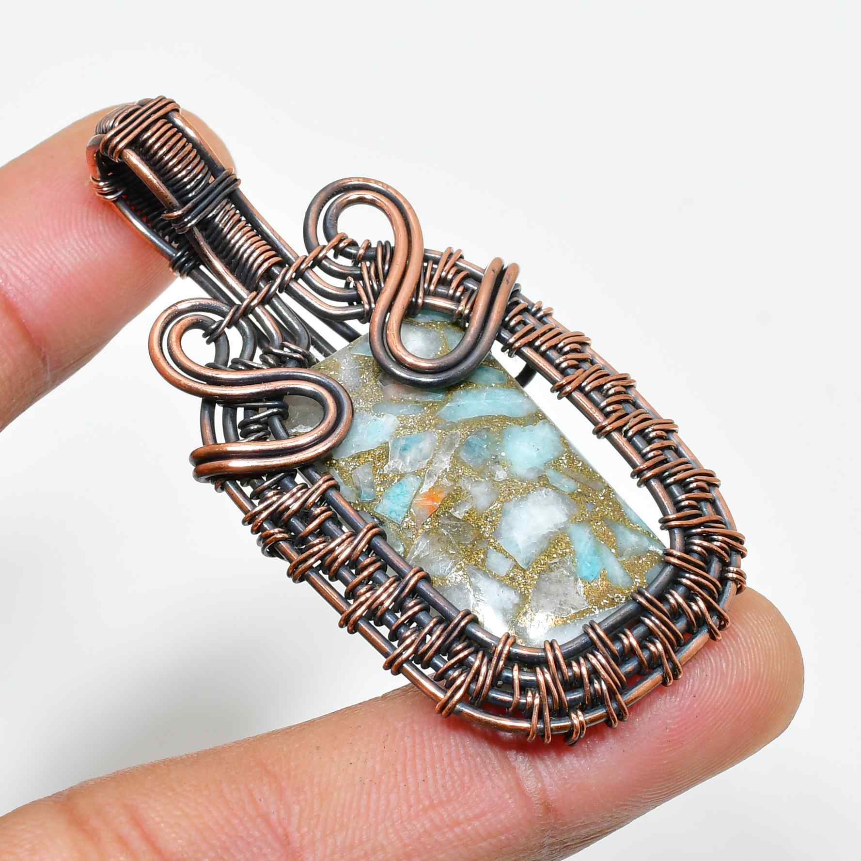 Gaia’s Embrace – Oxidized Copper & Natural Stone Pendant