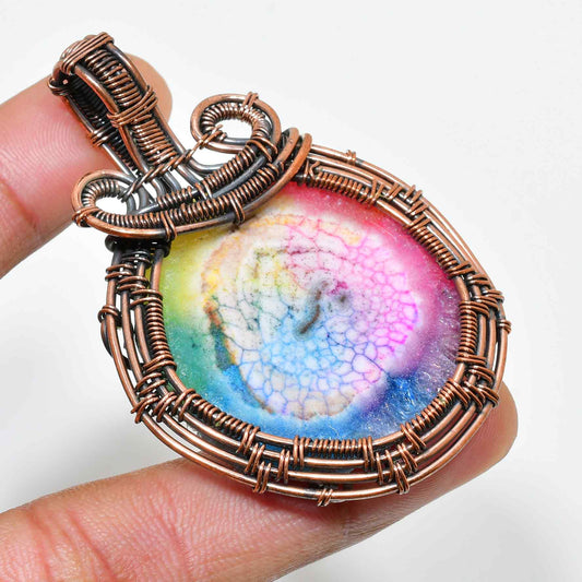 Aurora’s Embrace – Rainbow Agate Copper Pendant