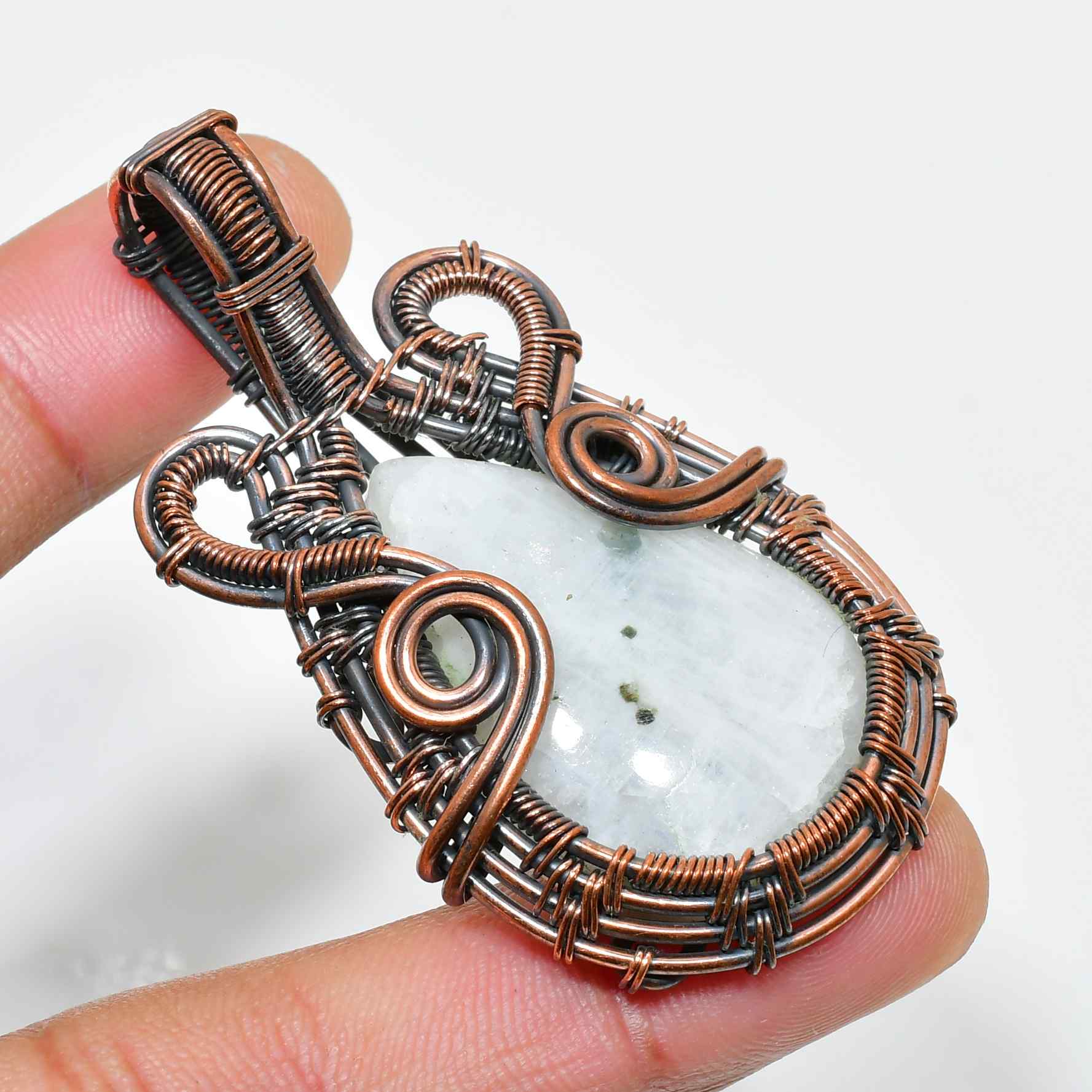 Aurora’s Embrace – Moonstone Silver & Copper Wire Pendant