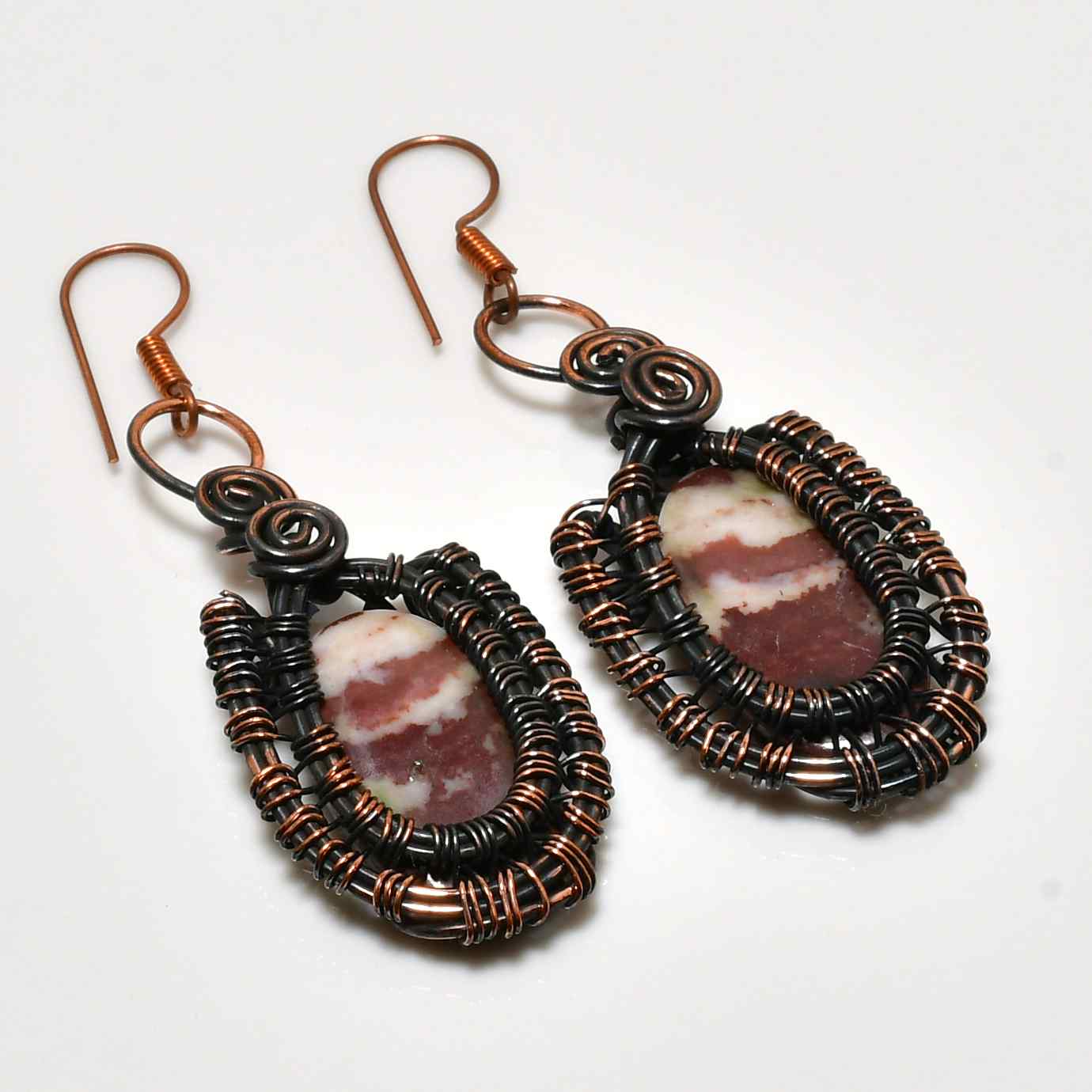 Gaia’s Embrace – Black & Copper Wire-Wrapped Stone Earrings