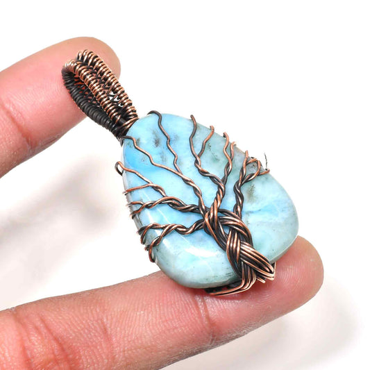 Ocean’s Whisper – Larimar Copper Tree Pendant